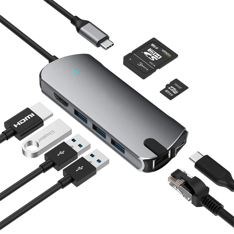 

Док-станция 8-в-1 с разъемом Type-c, HDMI, 4K @ 30, RJ45, 1000 м, 100 Вт