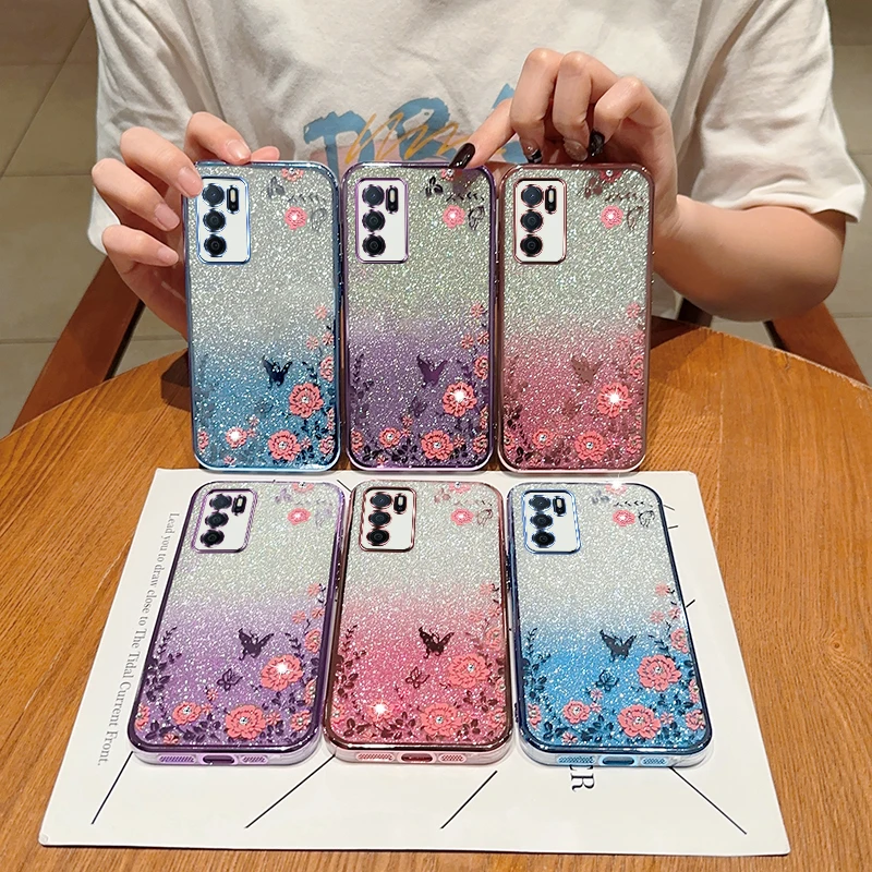 Glitter Butterfly Flower Phone Case For OPPO A16 A15 A15S A52 A53 A55 A74 A93 A94 A95 F19 F17Pro Reno7 10 Gradient Cover_voghion.com