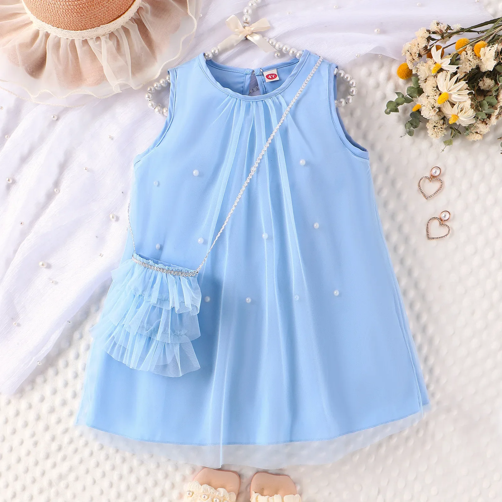 

2024 New Summer Girls Fashion Dress Sleeveless Round Neck Beading Decor Solid Gauze Princess Dresses Kids Casual Clothing