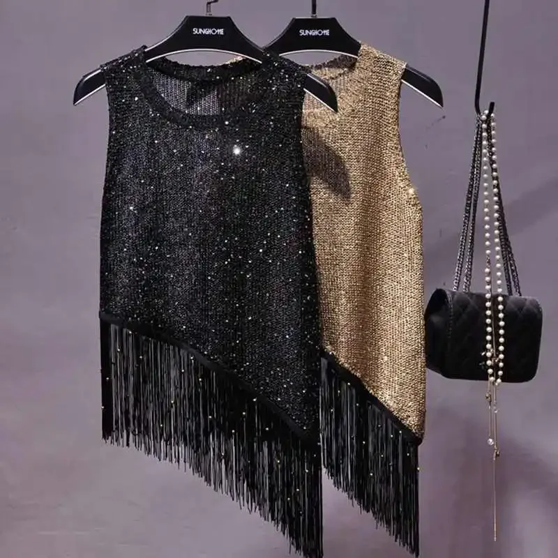 

2024 New summer sequin tassel vest gold thread small suspenders wear sleeveless knit beaded top for women