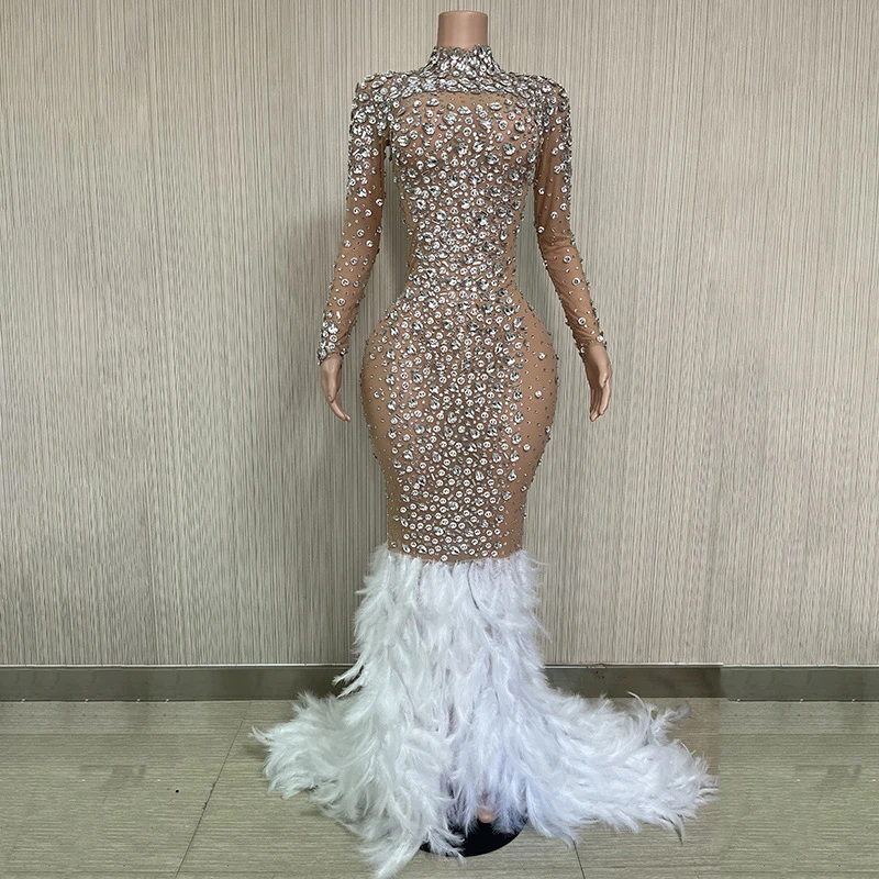 Sparkly Silver Big Rhinestone Transparent Long Dress Evening Birthday Celebrate Luxurious Costume Dancer Wedding Flashing Dress