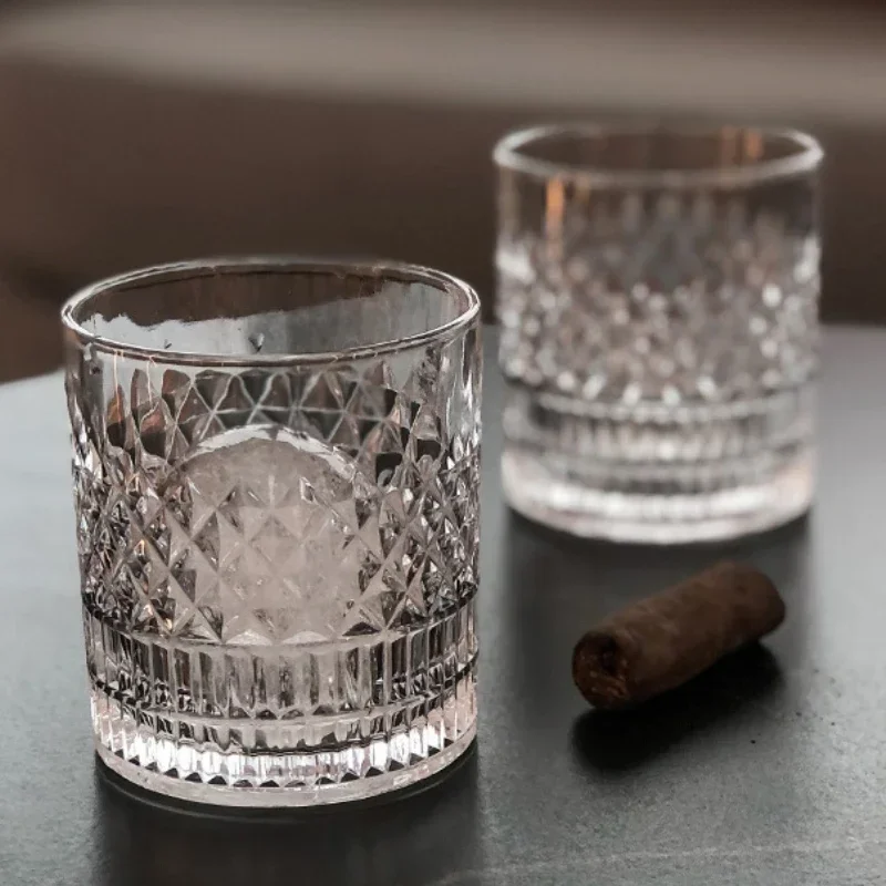 335ml Whiskey Glass Vertical Grain Transparent Crystal Glass Wine Cups Brandy Classical Wine Drinkware Relief Drinking Cup