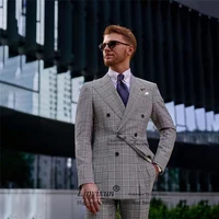 Classic Grey Plaid Men Suits Double Breasted Business Blazer Slim Fit Wedding Groom Tuxedo 2 Piece Set Jacket Pant Costume Homme 1