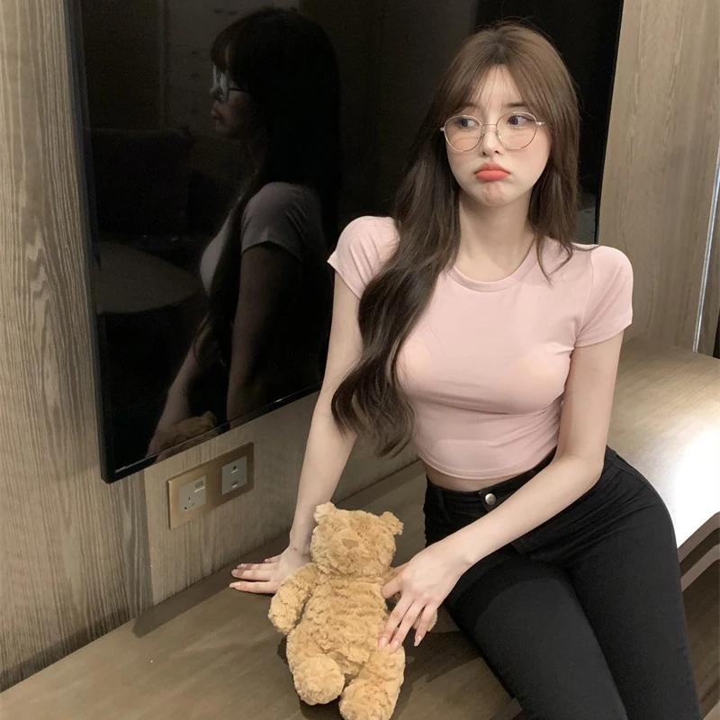 Szexi póló női nyári vékony póló női, egyszínű, rövid ujjú koreai Kpop vékony O-nyakú póló női ruhák Top943_voghion.com