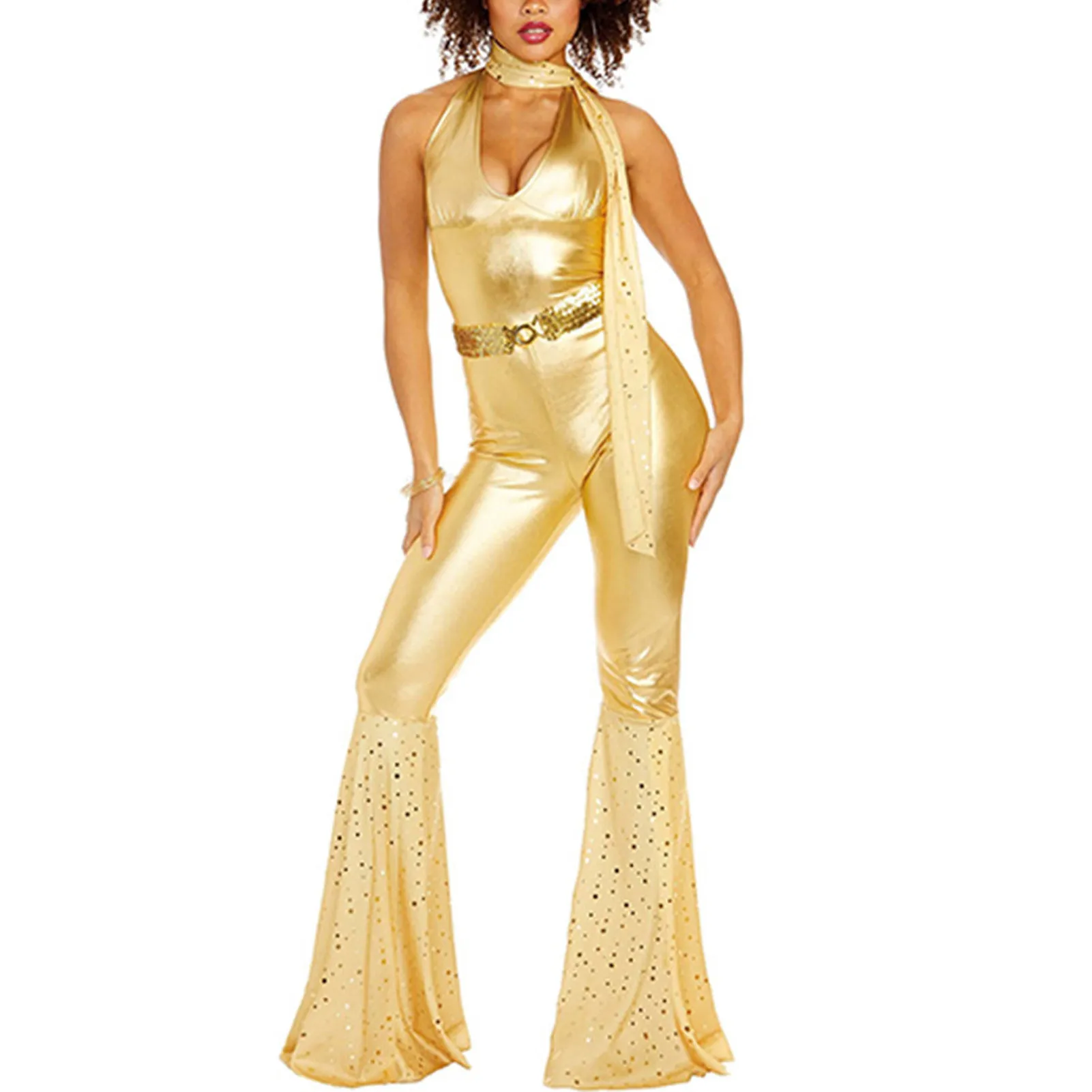 

Women 70s Hippie Costume Disco Jumpsuit Disco Doll Halloween Costume for Street Photograph Casual Outfit