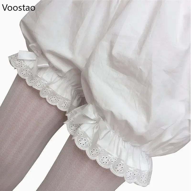 White Ruffles Knickers Women Kawaii Panties Cute Lace Bow Lolita Safety Shorts Pants Girl Elastic Vintage Victorian JK Bloomers