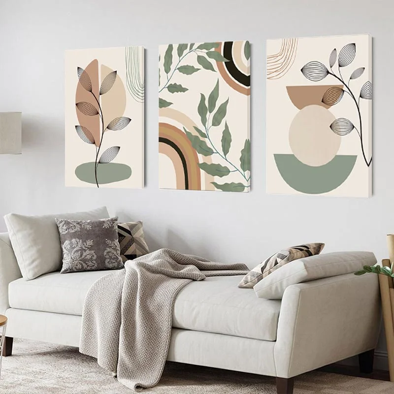3pcs Boho Abstract Geometry with Framed Wall Art Canvas Painting Poster Leaves Sun Rainbow Living Room Interior Picture Decor