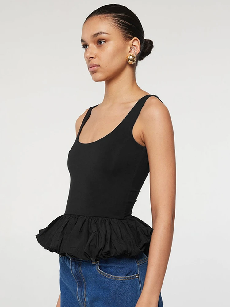 Ruffle Trim Women Tops Solid Concise All-matched Summer U-neck Backless Slim Crop Tanks Female Romantic Trend Streetwear