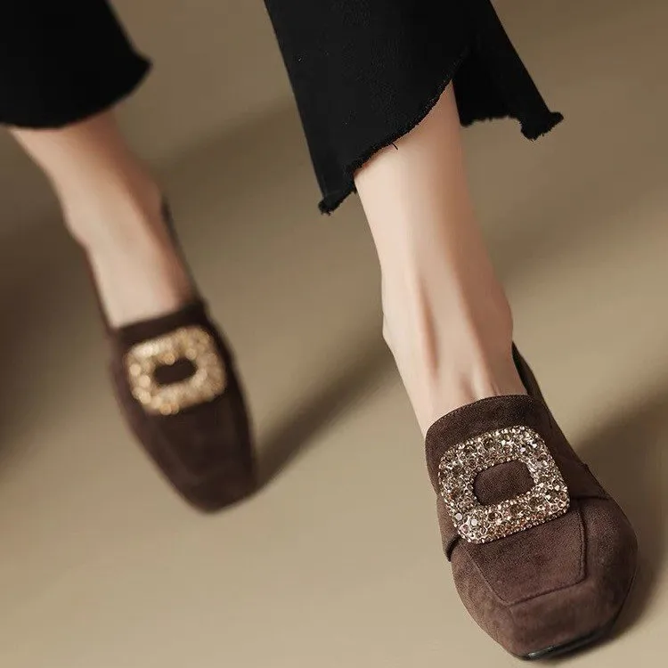 

Heihaian Loafers Suitable For Winter Round Head Rhinestones Decorated Single Shoes Retro Style Elegant Low Heel Shoes Women