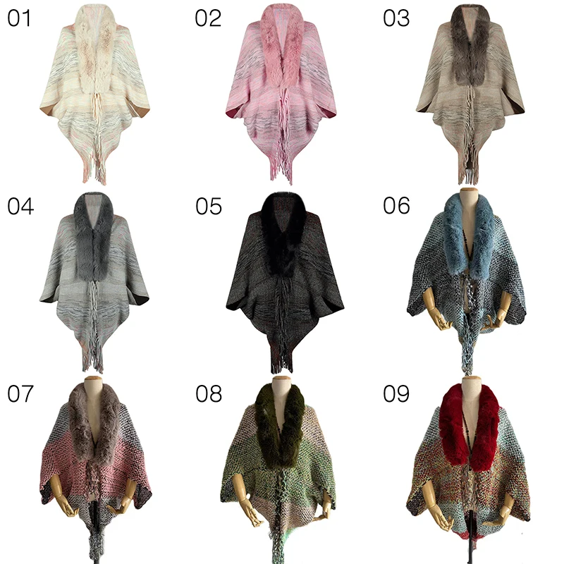 Autumn Tassels Poncho Cloak Women Warm Faux Fur Collar Shawl Wraps Knitted Cardigans Batwing Neck Fur Scarves Capes Coat women faux fox fur collar shawl furry fur collar for winter coat hood fur decor fake fur scarf parkas coat fur collar scarves