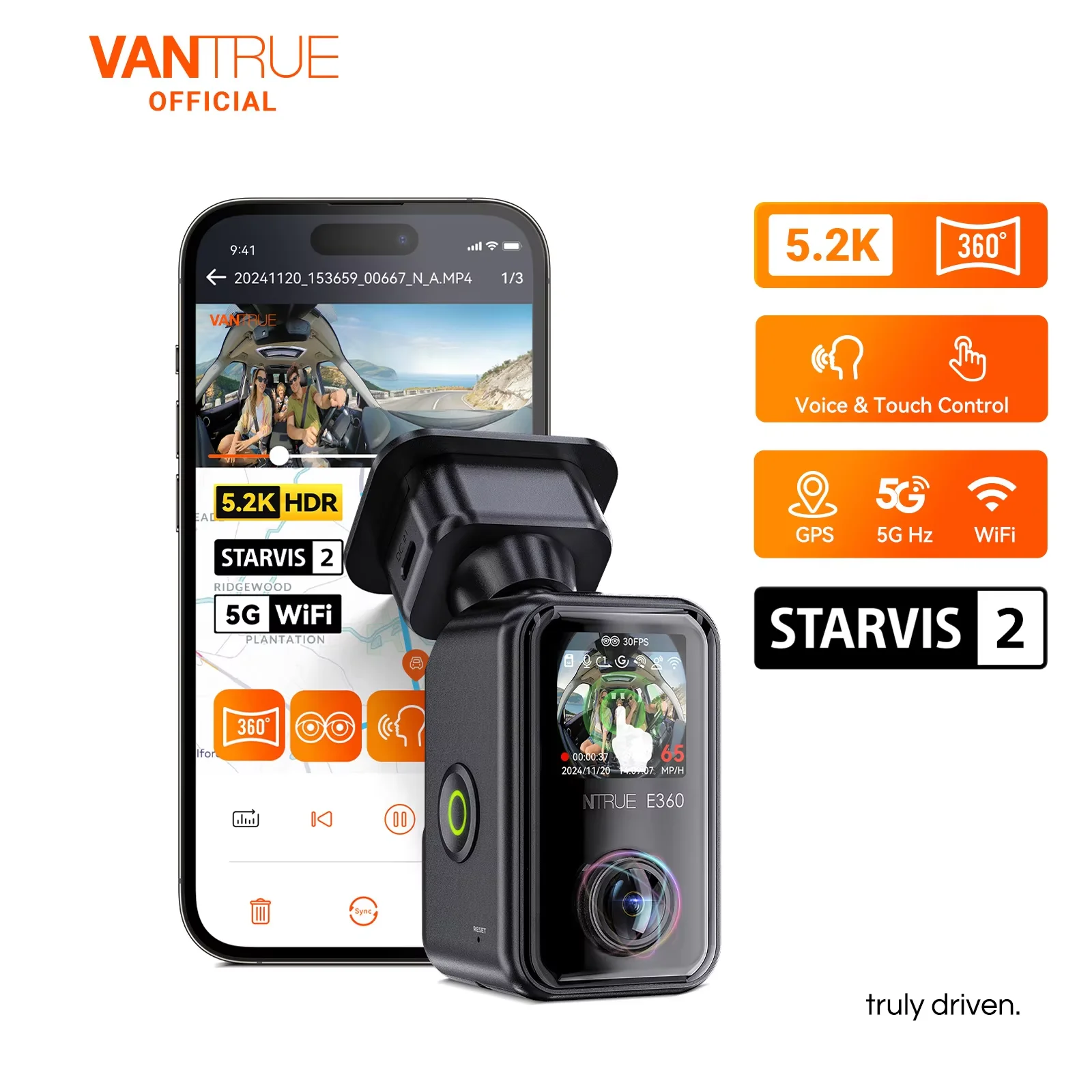 Vantrue E360 ダッシュカム 360 ° 5.2K パノラマ 5GHz WiFi&GPS