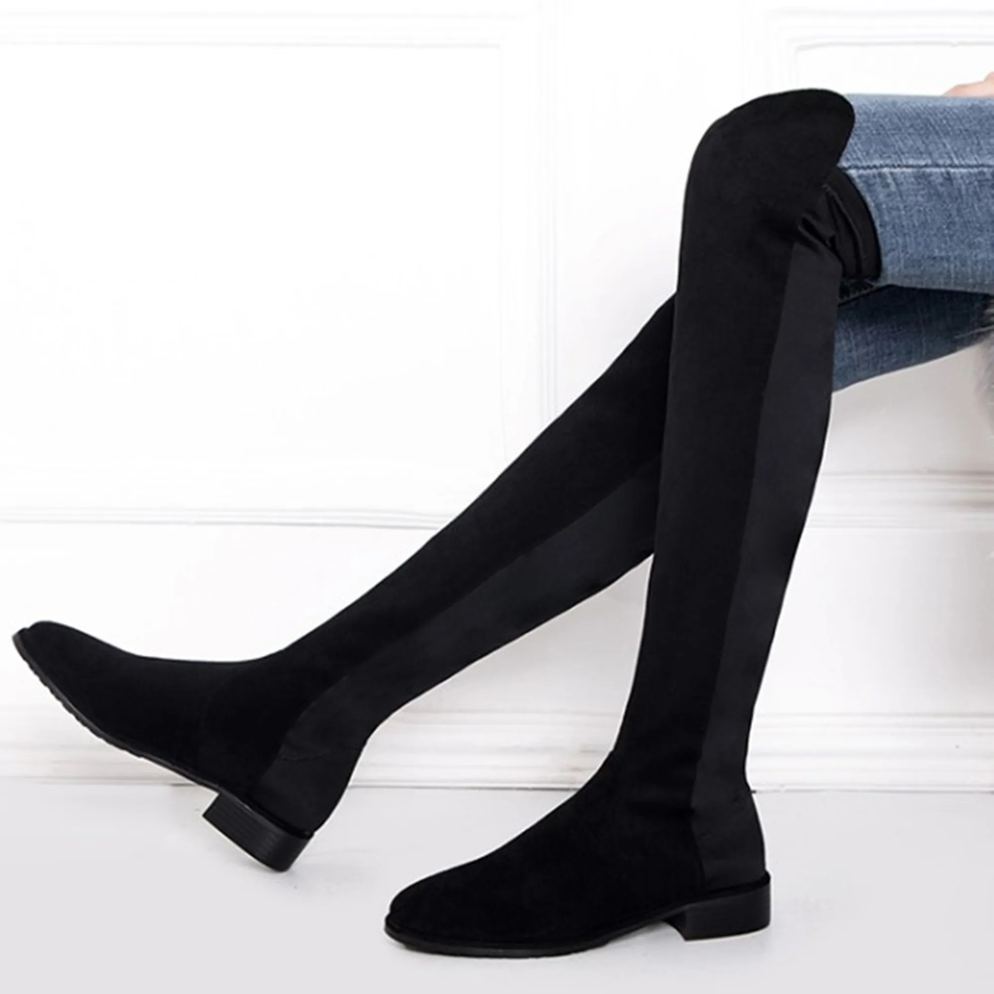 

【ENMAYER】Spandex Splicing Flock Fashion Women's Over The Knee Boots with Plush Inner Heel Low Heel Winter Slip-On Stretch Boots