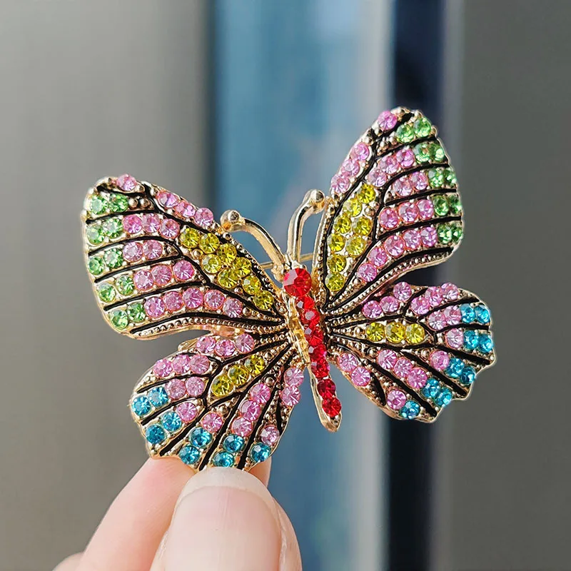 Broche de mariposa colorido para mujer, broches con diamantes de imitación de cristal, esmalte de insectos, alfileres de mochila, regalos de joyería, fiesta de boda