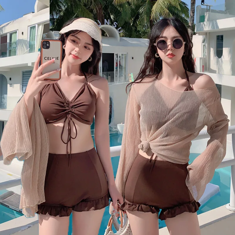 2023 Women Fantasie High Waist 3 Piece Cover Up Swimwear Swimsuit Korean Style Vacation Swim Beach Wear Cardigan Bathing Suit