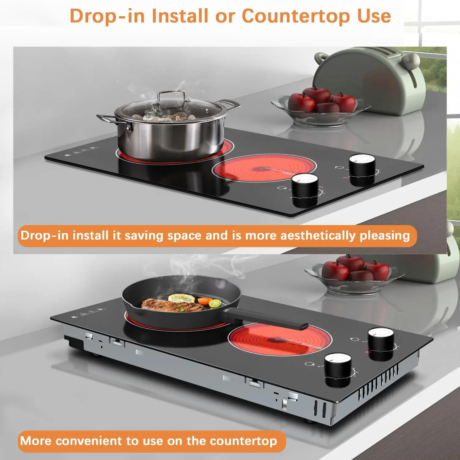 Karinear 110V Electric Cooktop 2 Burners Electric Stove 12 Inch Knob Control Countertop & Built-in Ceramic Cooktop (White Knob)