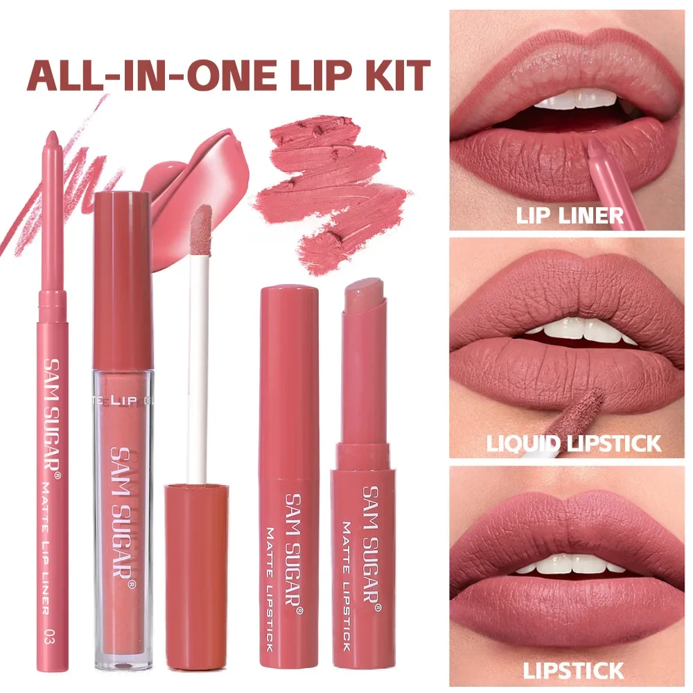 SAM SUGAR Matte Lipstick Set 3-in-1 Lip Liner Lipgloss Lip Sticks Kit Long Lasting Pink Brown Cherry Shades Waterproof Lipsticks 1