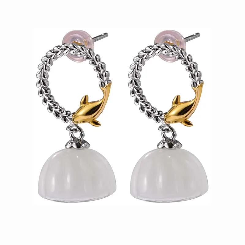 

Real S925 Sterling Silver Natural Hotan Jade Little Dolphin Flower Basket Lotus Seed Earrings MeibaPJ Exquisite Party Jewelry