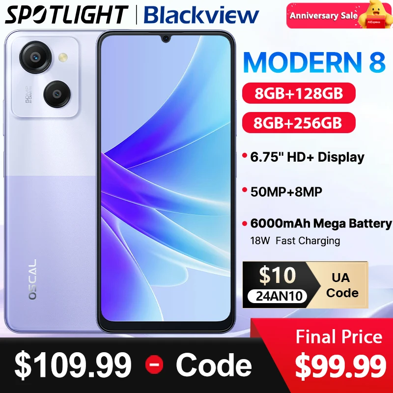  【World Premiere】Blackview MODERN 8 128GB/256GB 6.75 inch HD+ Display 50MP+8MP Camera 6000mAh Mega Battery 18W Fast Charging 