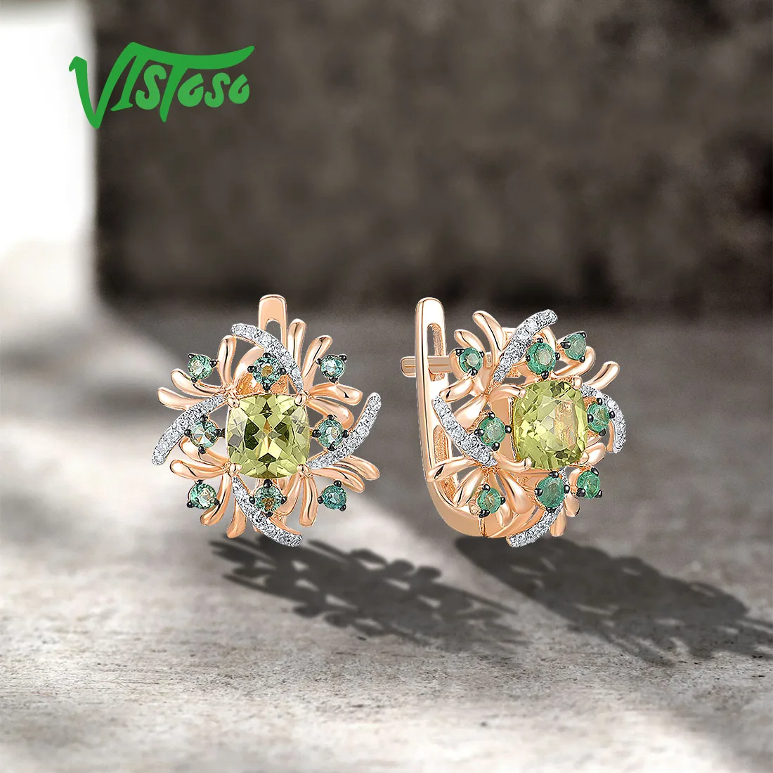 VISTOSO 여성용 정통 14K 585 로즈 골드 귀걸이, 반짝이는  다이아몬드, 에메랄드 페리도트, 반짝이는 고급 주얼리