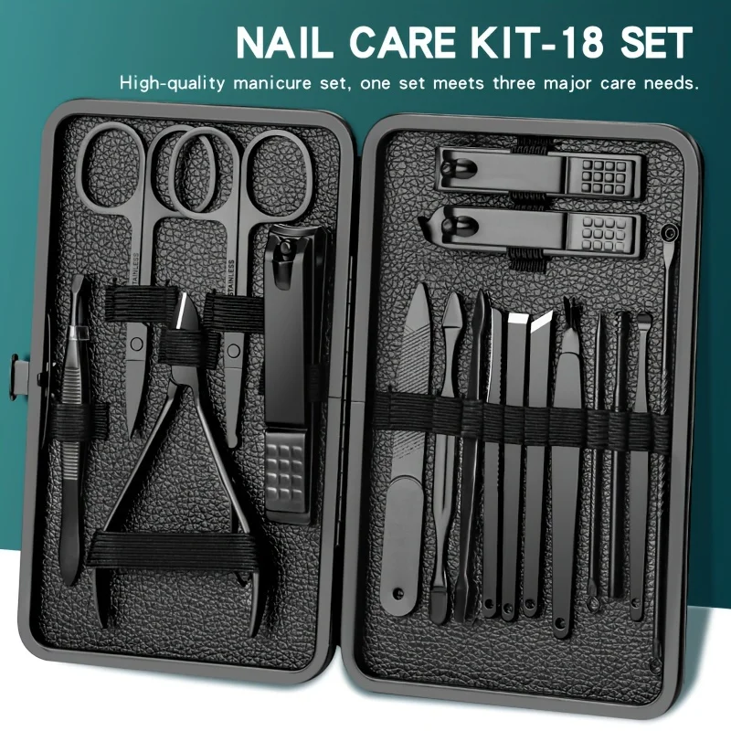 710/16/18pcs Black Manicure And Pedicure Set Stainless Steel Scissors Nail Clipper Grooming Tool Kit
