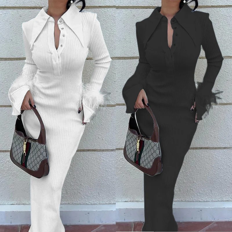 Autumn & Winter New Women's Fashion Polo Neck Feather Long Pit Stripe Dress Elegant & Beautiful Party Evening Dress
