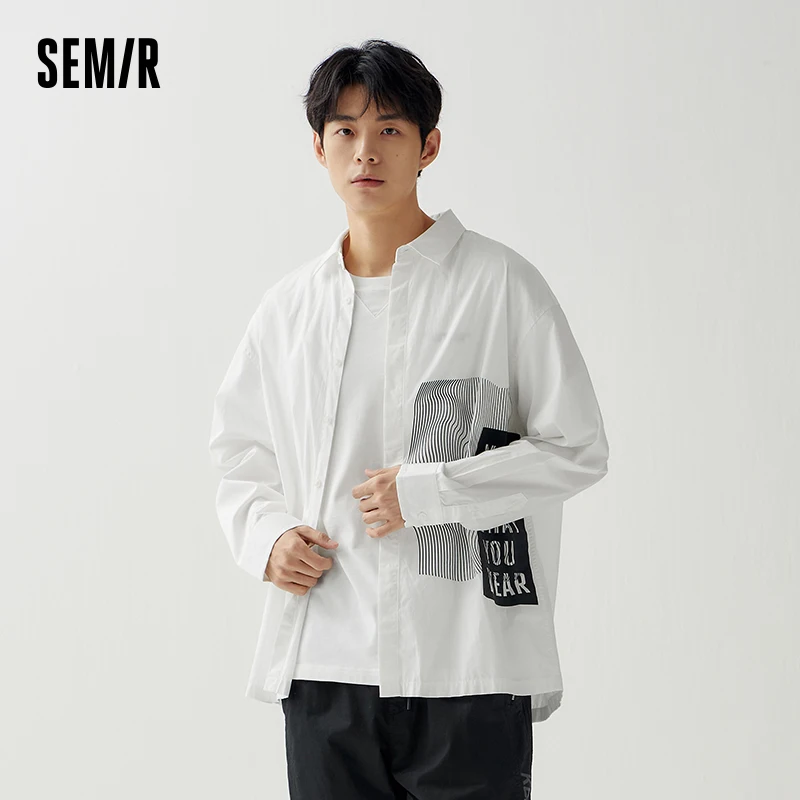 Semir Men Shirt Long-sleeved Shirt Autumn New Popular Print Loose Comfortable Pure Cotton Commuting White Shirt Top for Men semir women jeans slit bell bottom pants show long legs thin autumn temperament cropped pants retro for women