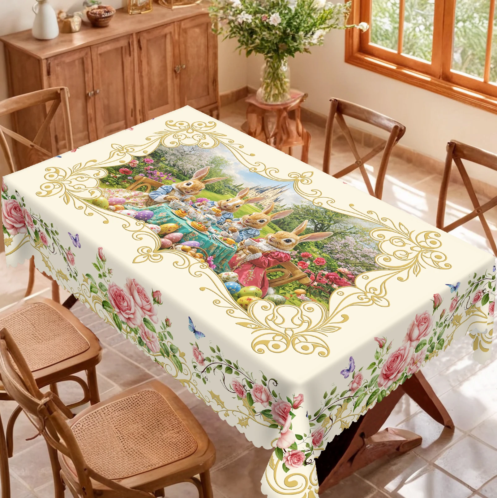 부활절 토끼 꽃 프린트 원형 식탁보 1개, 5가지 크기 사용 가능, 부활절 토끼 ..