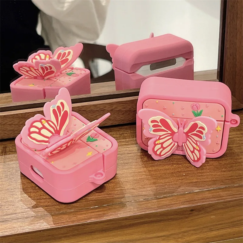 

Fashion Pink/Blue Butterfly Bluetooth Headset Cover for Airpods 1 2 3 Pro Pro2 Headphone Cover Wireless Earphone Box