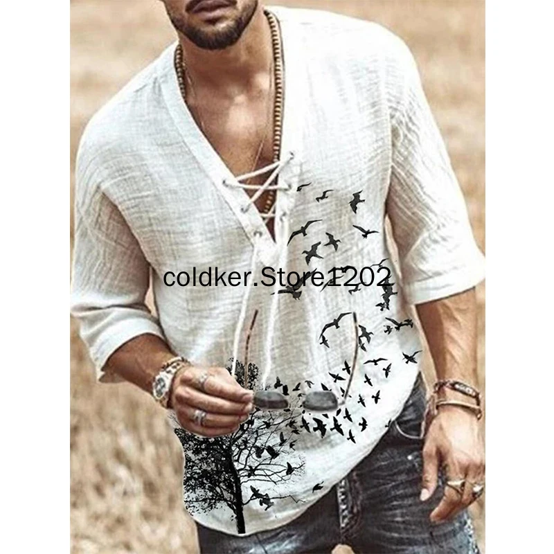 

2022 Men's Casual Loose Cotton Linen Shirt Tops Spring Autumn Vintage Chest with Tie Eyelet Print Mid Sleeve T-Shirt Blouse 5XL