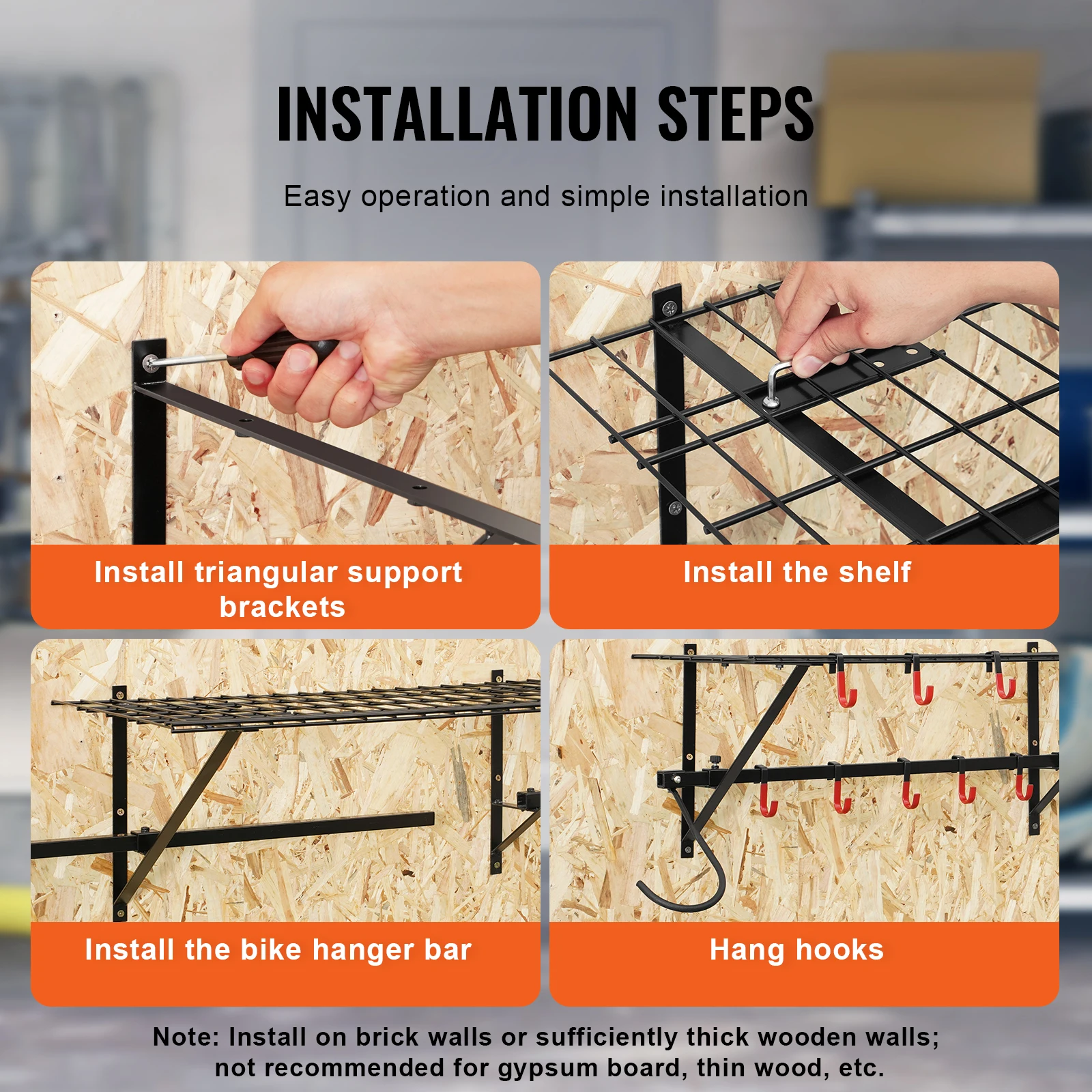 SucceBuy 500 lbs Bike Storage Rack Wall Mount Bike Storage Hanger with 2 Shelves Adjustable Holder for 4 Bike Garage Organizer