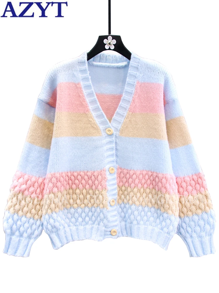 

AZYT Striped Panelled Women Sweater Cardigan 2022 Autumn Winter V Neck Knit Cardigan Jackets Female Casual Knitwear Sweater Coat