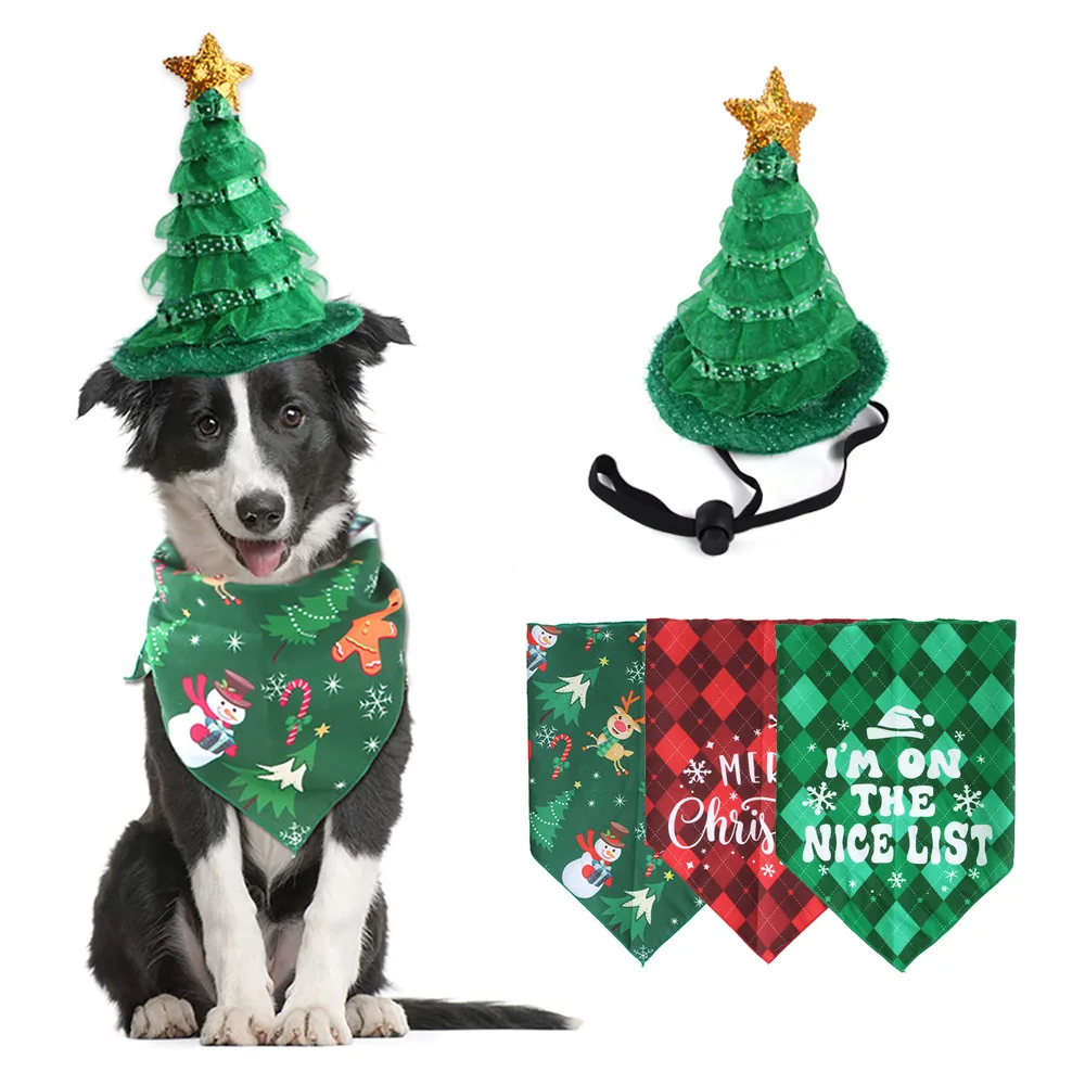 

Christmas Pet Dog Dress Up Set Xmas Tree Hat Elk Snowman Triangle Scarf Cats Christmas Neckerchief Headwear Bow Ties for Dogs