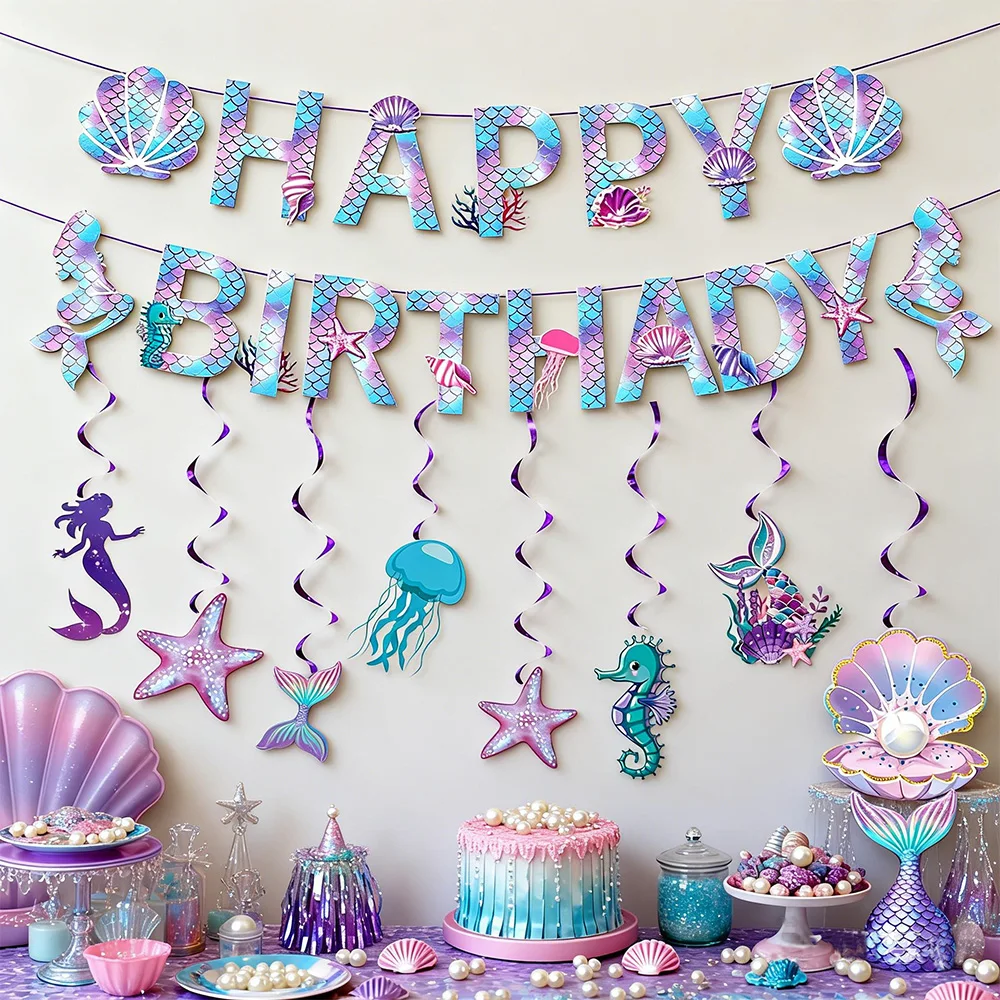 Meerjungfrauen-Partybanner, hängende Wirbel-Deko, Babyparty, Kindergeburtstag, Mädchen-Geburtstagsdeko, Meerjungfrauen-Geburtstagsparty-Dekorationsbanner