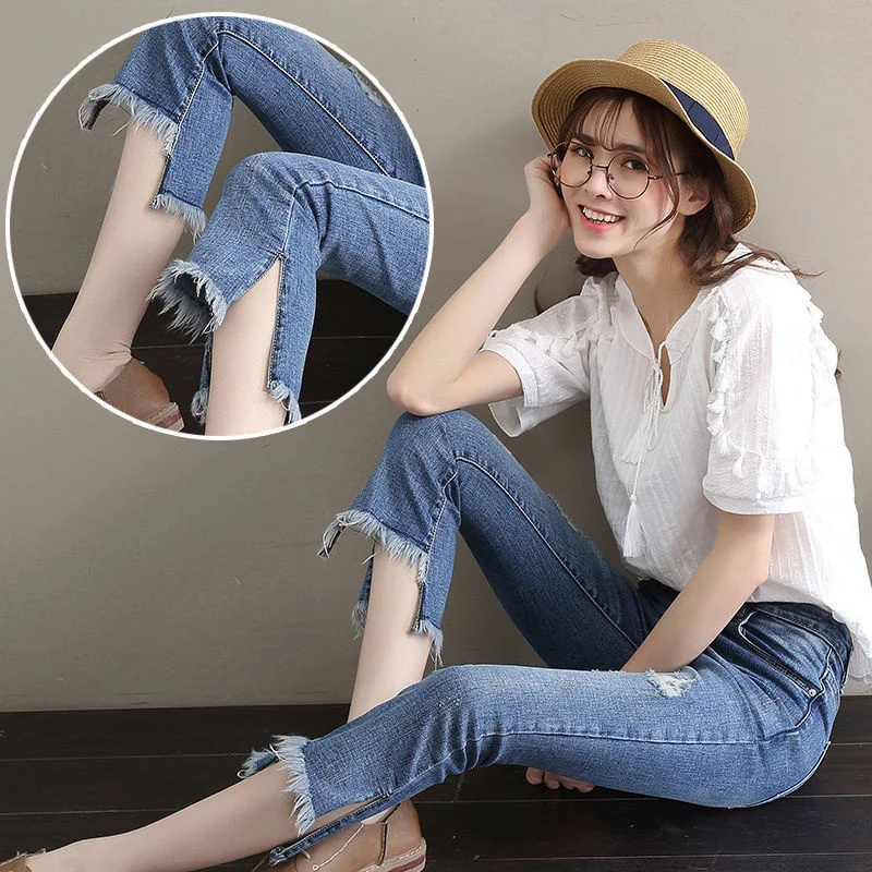 Split Micro Flare Pants Women Summer Thin Ripped Hole Irregular Ragged Edge Jeans Female High Waist Denim Capris