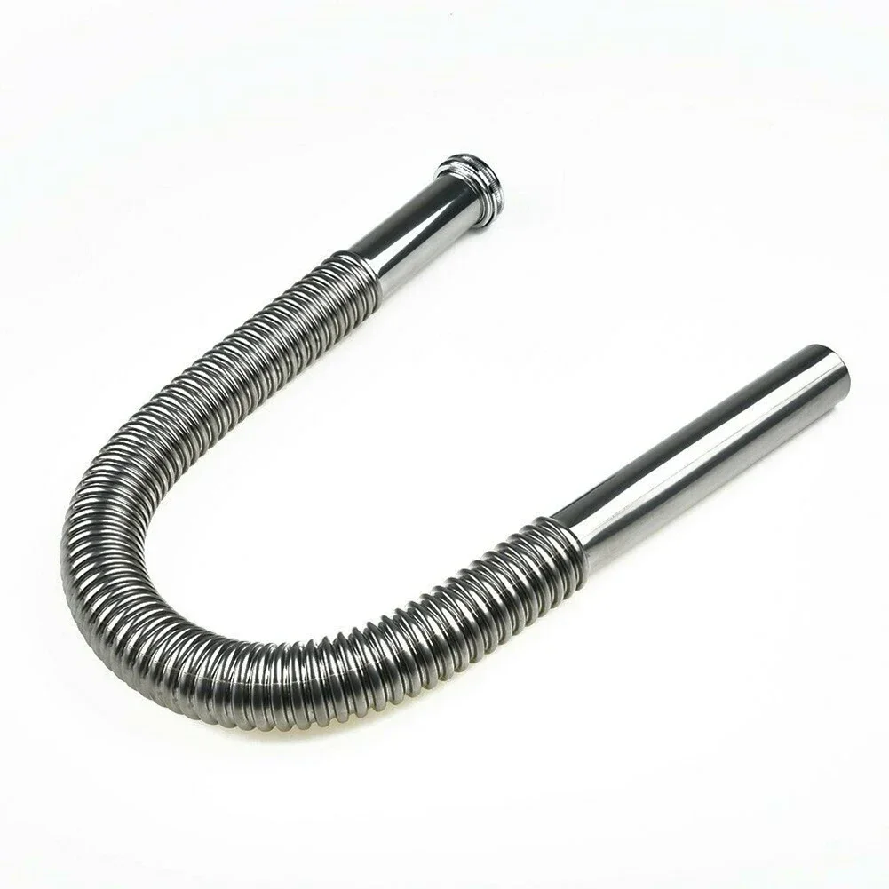 Stainless Steel Bathroom Sink Siphon Waste Drain Flexible Pipe Hose 80cm 1pcs Silver Kitchen Fixture