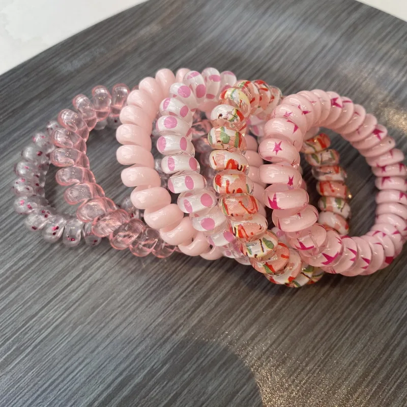 6 teile/satz Frauen Telefon Draht Haar bänder Mädchen Stern Druck Spiral schnur Haar gummi elastische Haar gummis Haar Seil Gummi Zubehör – Detail 6