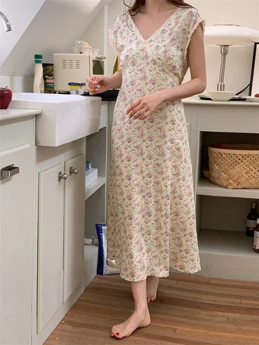 여성용 레이스 루즈핏 민소매 브이넥 잠옷, 여름 프린트 꽃, 한국 스타일, 패셔너블한 캐주얼 수면 상의, 인스타 감성 패션 2