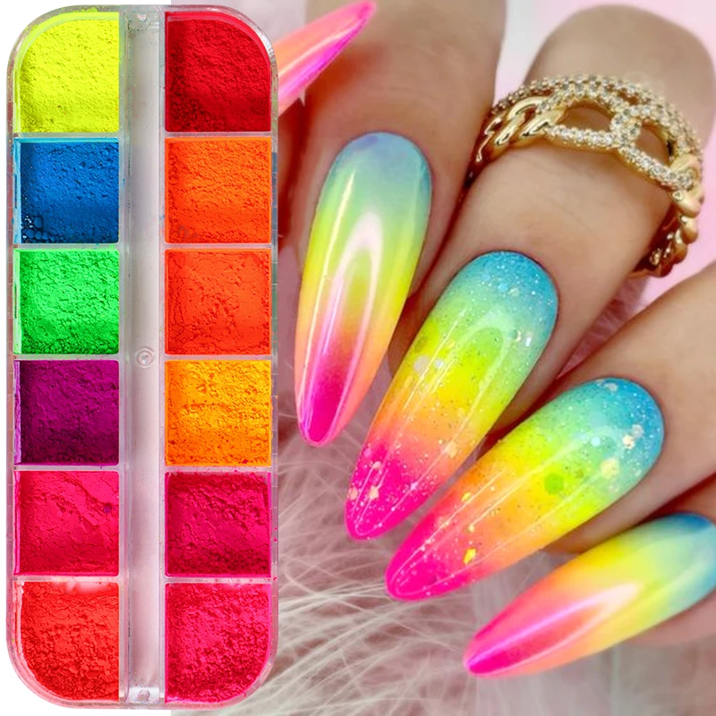 2 Box Neon-Regenbogen-Nagelpigment, das im Dunkeln leuchtet, Pulver, bunt, Phosphor, Chrom, Glitzer, Farbverlauf, Nagelkunst, Reiben, Staubdekoration – Detail 4