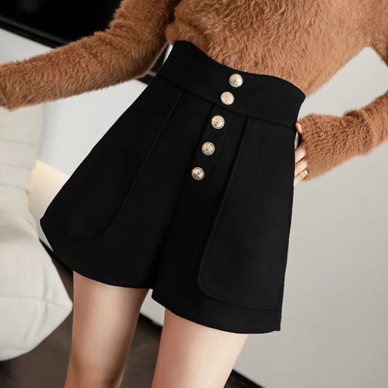 Autumn Winter New High Waist Button Wide Leg Pants All-match Loose Simplicity Office Shorts Vintage Fashion Women Clothing
