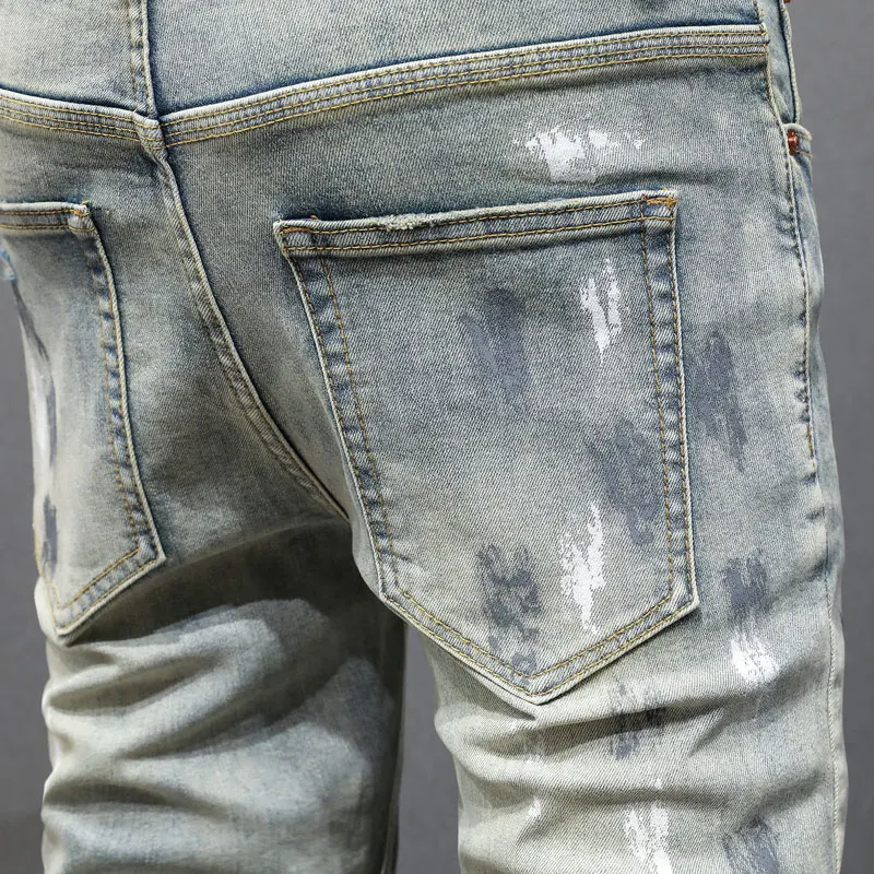 High Street Fashion Men Jeans Retro Washed Blue Stretch Skinny Fit Ripped Jeans Men Painted Designer Hip Hop Brand Pants Hombre