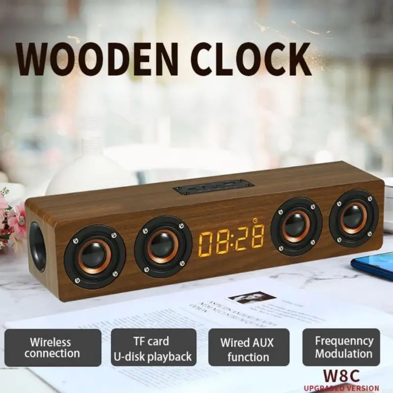 2025 새로운 우드 블루투스 호환 스테레오 스피커 20W 알람 시계 기능이있는 FM 라디오 및 마이크 핸즈프리 콜