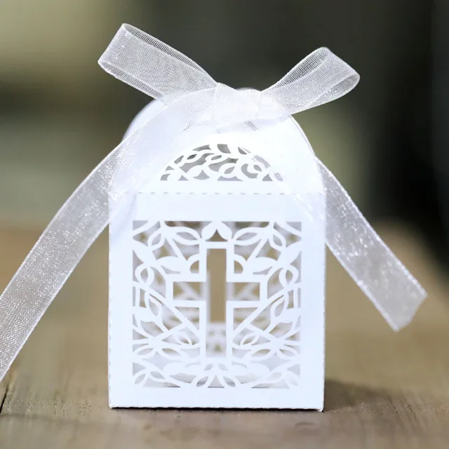 100/50/10pcs 횡단 사탕 Dragee 상자 천사 선물 상자 아기 샤워 세례 생일 첫 성찬식 Christening 결혼식 장식