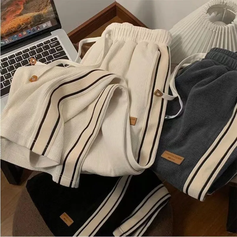 

Deeptown Vintage Fleece Pants for Women Winter Harajuku Korean Fashion Baggy Brushed Straight Trousers Black Side Striped Casual