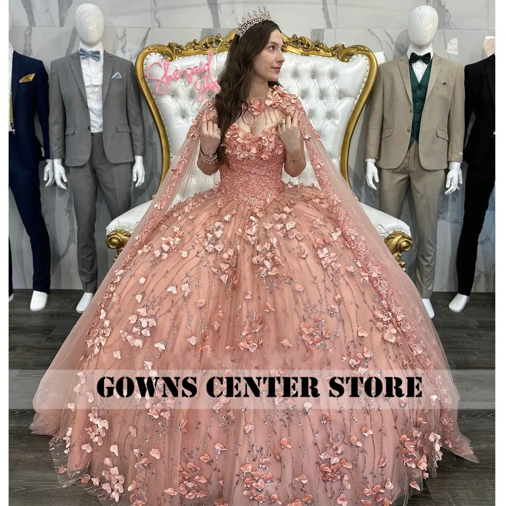 Rose Gold 3D Flowers Sequined Crystal Ball Gown Quinceanera Dress With Cape Appliques Beading Tassel Corset Vestidos De XV Años