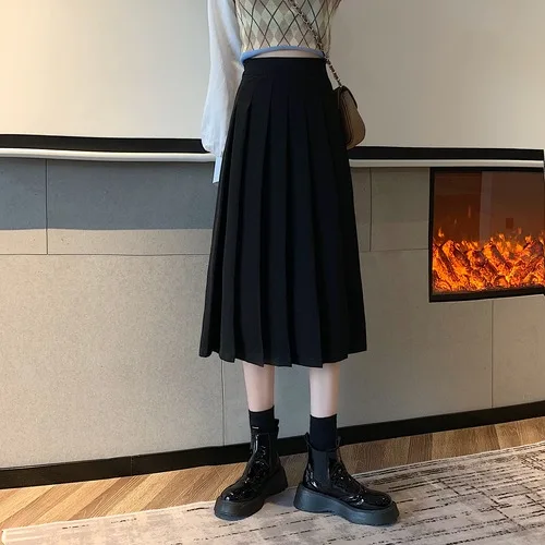 Black Pleated Skirt Half-length Skirt Female Autumn 2022 New Style Korean Skirt High Waist Women's Skirts black