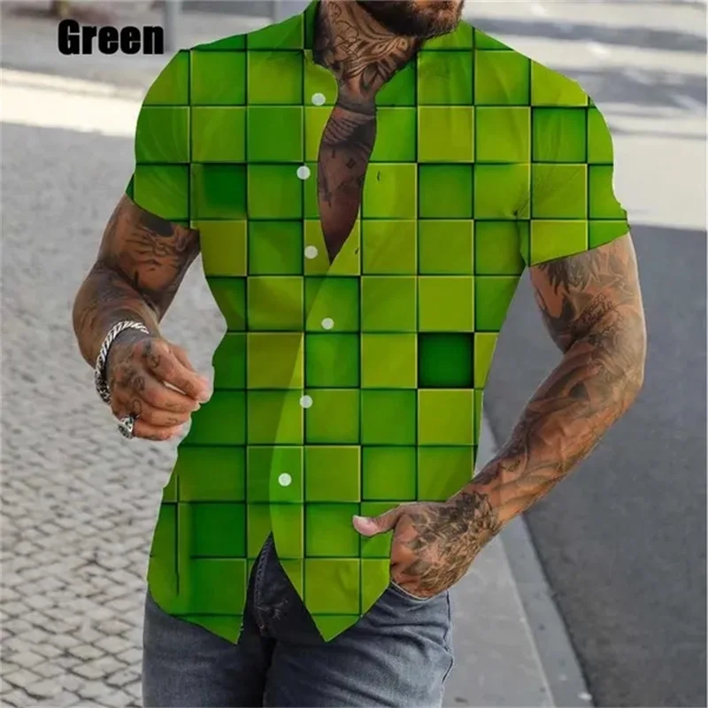 thumbnail image 1 of Camisa con estampado geométrico y personalidad en 3D para hombre, camisas casuales de manga corta con botones, camisas de playa de gran tamaño para hombre, 1 of 5