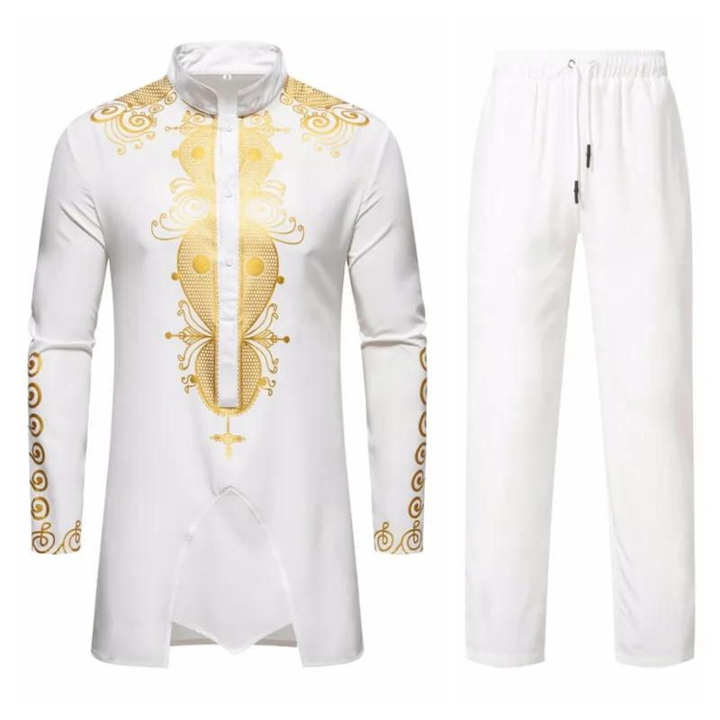 African Dashiki Gold Print Men Shirt Pants 2 Pieces Set Half Button Traditional Arabic Tops Long Sleeve Matching Metallic Outfit