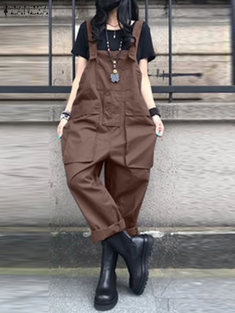 

ZANZEA Autumn Fashion Strap Jumpsuits Sleeveless Square Collar Overalls Casual Street Romper Elegant Solid Color Cargo Dungarees