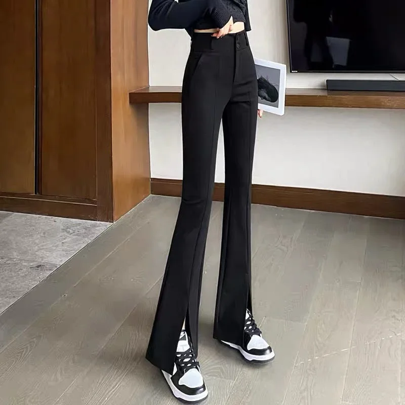 

Women New High Waist Chiffon Micro Flared Pants Fashion Split Zipper Button Pocket Slim Look Thinner Versatile Suit Pants Z668