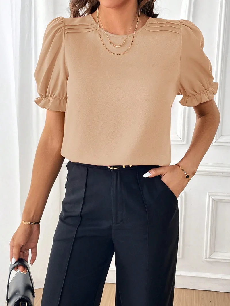

Fashion/Elegant Women's Solid Color Round Neck Shirt 2024 Summer Office Lady Short Sleeved Blouse Streetwear Camisa Feminina